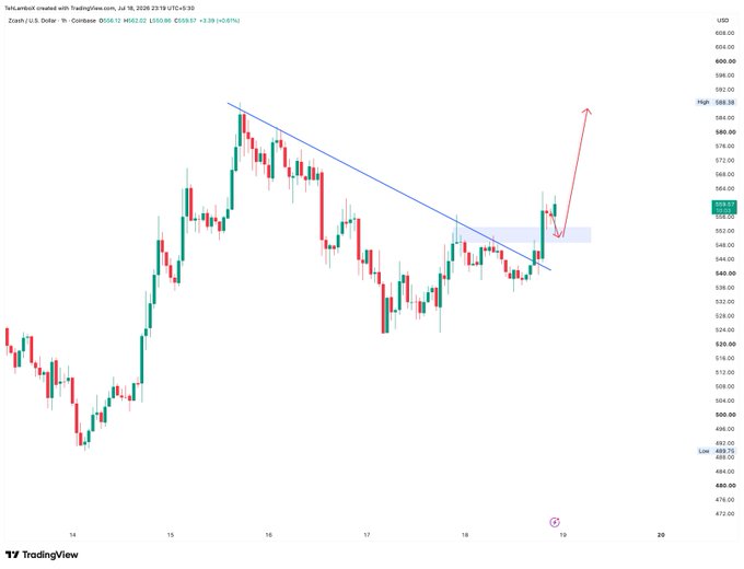 A TradingView candlestick chart of Zoom (ZM) stock on U.S. Dollar showing price action from mid-month with a descending trendline, blue and red arrows indicating potential price movements, and current price around $559.87.