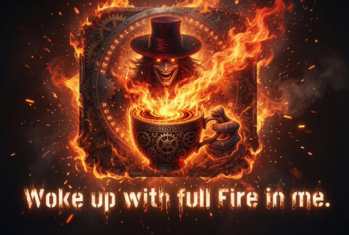 A fiery illustration featuring a menacing grinning figure in a top hat behind a flaming teacup, with the text 'Woke up with full Fire in me.' displayed at the bottom.