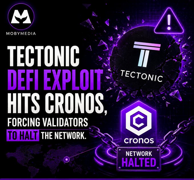 A news graphic titled 'TECTONIC DEFI EXPLOIT HITS CRONOS, FORCING VALIDATORS TO HALT THE NETWORK' featuring Tectonic and Cronos logos with a 'NETWORK HALTED' sign, published by Mobymedia.