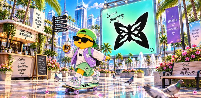 A vibrant digital illustration featuring a yellow smiley-face character on a skateboard, holding a coffee cup, set against a sunny plaza with billboards reading 'Good Morning' and 'A Brighter Day Together,' and signs listing 'Coffee, Friends, Good Vibes, Brighter Days.'