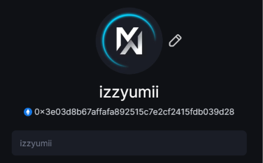 The image displays a MetaWin profile page for user "izzyumii," featuring a stylized "M" logo with a pencil edit icon, the handle "izzyumii," and a wallet address beginning with "0x3e03d8b67affafa892515c7e2cf2415fdb039d28," which authenticates the user's identity for the MetaWin platform activity referenced in the post.