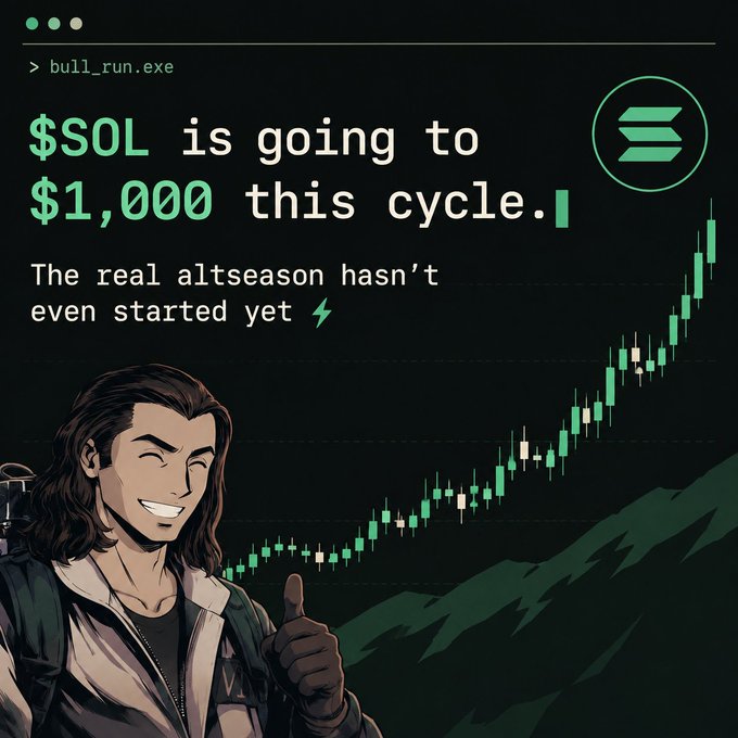 A promotional graphic stating '$SOL is going to $1,000 this cycle' and 'The real altseason hasn't even started yet' with an illustration of a smiling man giving a thumbs up next to a rising green candlestick chart and a Solana logo.