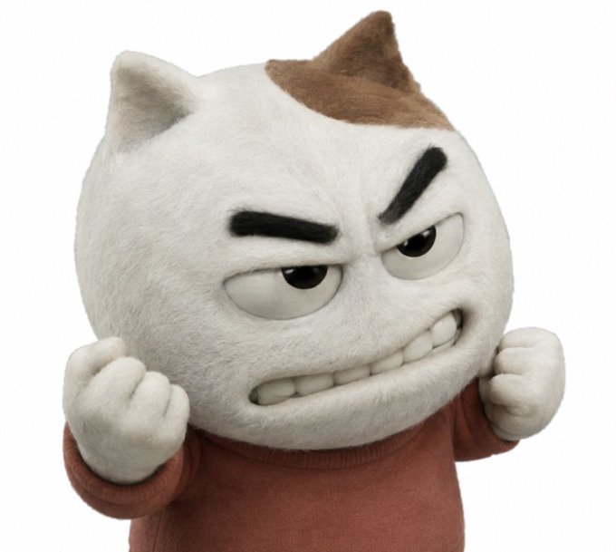 3D rendered cartoon character with a round white head, brown patch on top, angry expression with clenched teeth and fists raised, wearing a brown sweater.