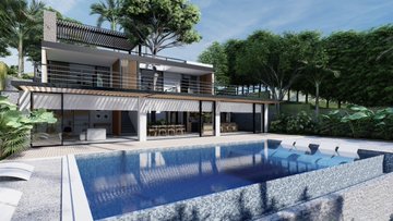 The image features an impressive modern house, which appears to be a luxury home or resort, situated near a pool area. The house has a large swimming pool surrounded by chairs and loungers for relaxation. There are also palm trees nearby, adding to the tropical ambiance of the scene. In the background, there is a car parked outside the property, possibly belonging to one of the guests staying at the resort or rental home.