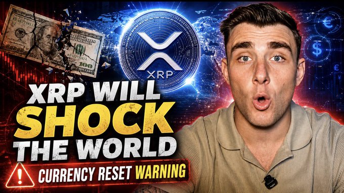 YouTube thumbnail featuring a man with a surprised expression next to bold text reading "XRP WILL SHOCK THE WORLD" and "CURRENCY RESET WARNING," alongside a large XRP (XRP) cryptocurrency logo and imagery of U.S. hundred-dollar bills, promoting a video about a potential currency reset impacting XRP.
