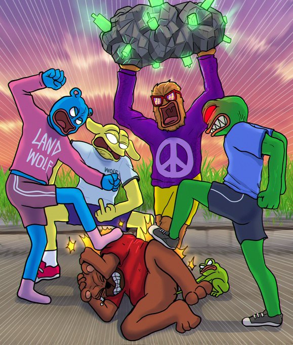 A colorful cartoon illustration depicting several animated characters, including figures in 'LAND WOLF' and peace sign shirts, fighting and stomping on a brown character on the ground.