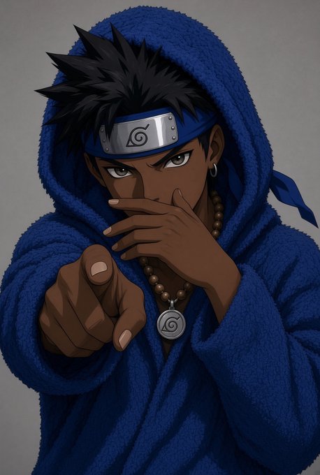 An anime-style illustration depicts a dark-skinned character with spiky black hair wearing a blue hoodie, a Leaf Village headband, and a Sharingan-like necklace, pointing toward the viewer.