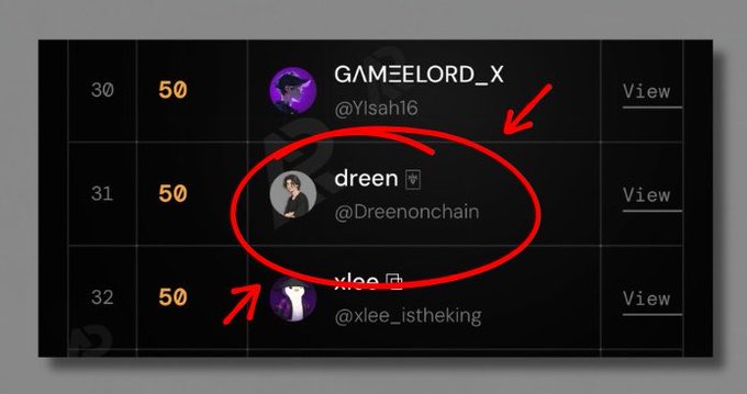 A screenshot highlights a Twitter account named 'dreen' (@Dreenonchain) with a red circle and arrows pointing to it among a list of users.