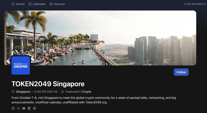 An event listing for TOKEN2049 Singapore in the Crypto category, taking place October 7-8 from 5:50 PM GMT+8, featuring an infinity pool overlooking the city.