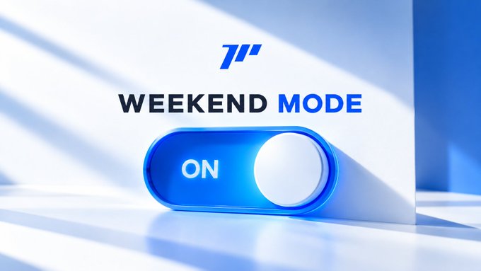 A blue toggle switch displays "ON" next to the bold "WEEKEND MODE" text, visually reinforcing the post's celebratory message of switching into relaxed weekend mode while keeping trading charts open for Friday. The clean, minimalistic design with the stylized "π" logo ties into the financial/trading theme of the original caption.