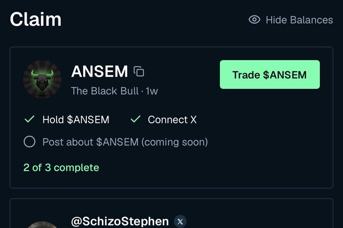 A 'Claim' screen showing $ANSEM token tasks, with 'Hold $ANSEM' and 'Connect X' completed (2 of 3 complete) and a green 'Trade $ANSEM' button, from 'The Black Bull'.