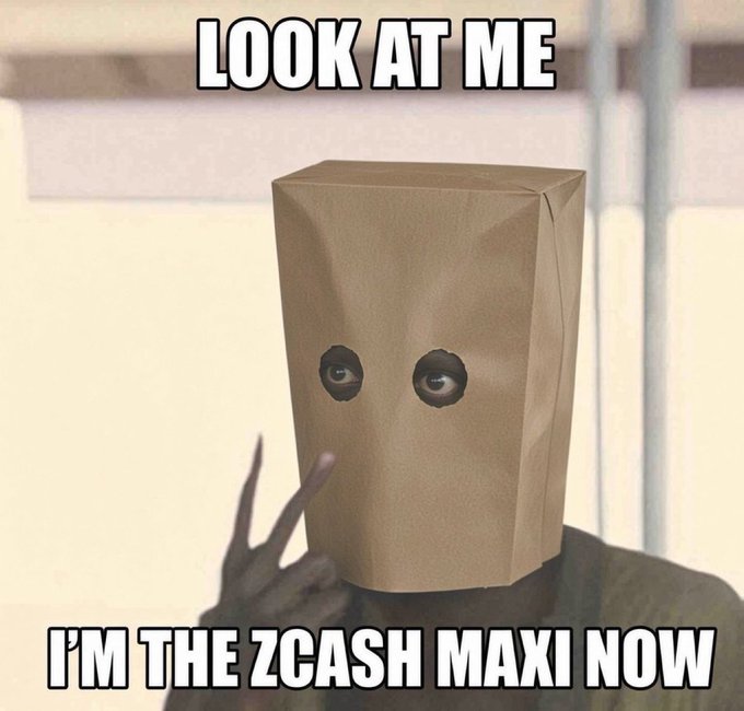 A humorous meme shows a person wearing a brown paper bag over their head with eye holes cut out, captioned with 'LOOK AT ME' at the top and 'I'M THE ZCASH MAXI NOW' at the bottom.