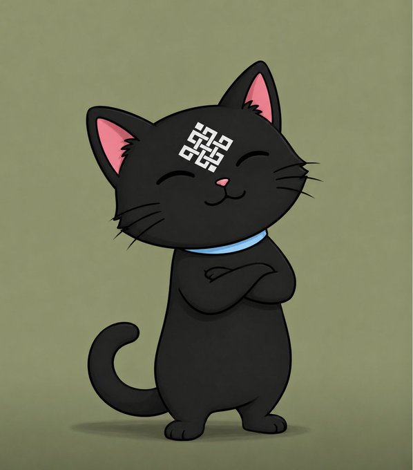 A cartoon black cat with pink ears stands smiling with crossed paws, featuring a white geometric symbol on its forehead and a light blue collar against an olive green background.