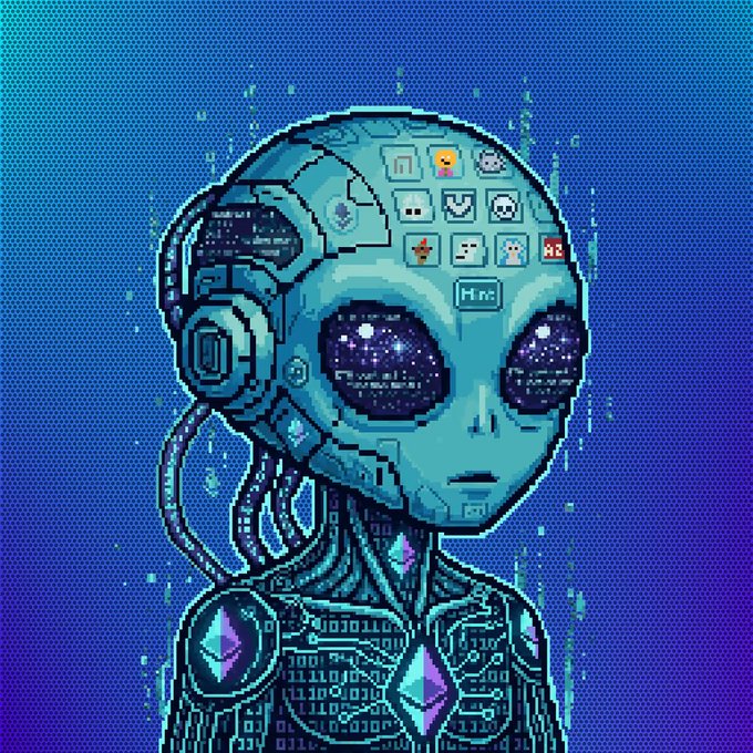 The image features a cartoon alien with blue eyes, wearing headphones and holding a crystal ball. The background of the image is a gradient of blue and purple colors. There are several text elements within the image that read "No Way!!! I just won this 1/1 @voids_eth Cyberpunk in their raffle!! No words can express my gratitude for this Beauty!!". This post seems to be promoting an event or contest related to the virtual world, as indicated by the use of a crystal ball and headphones.