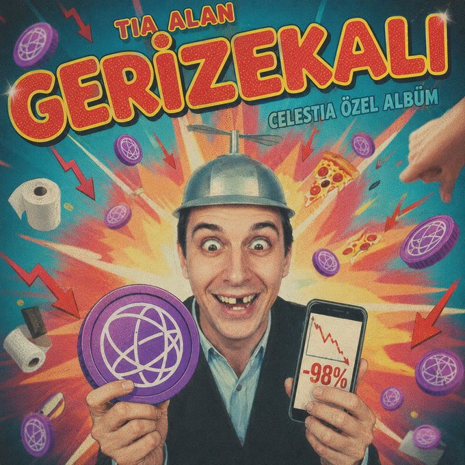 A man wearing a colander on his head holds a purple "TIA" token and a smartphone showing a chart at "-98%," surrounded by chaotic imagery including pizza, toilet paper, and arrows, promoting a podcast/album titled "TIA ALAN GERİZEKALI CELESTIA ÖZEL ALBÜM." The album cover satirizes the absurd enthusiasm around the TIA token despite its massive 98% price decline, mocking the irrational price targets and dismissive attitudes toward non-buyers mentioned in the post.