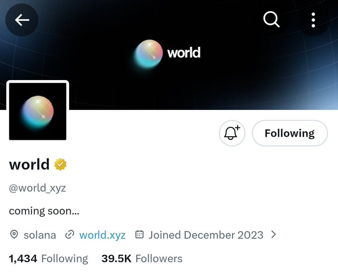 A Twitter/X profile screenshot for 'world' (@world_xyz), verified with a gold checkmark, showing 1,434 Following, 39.5K Followers, a Solana link to world.xyz, and the bio 'coming soon...'.