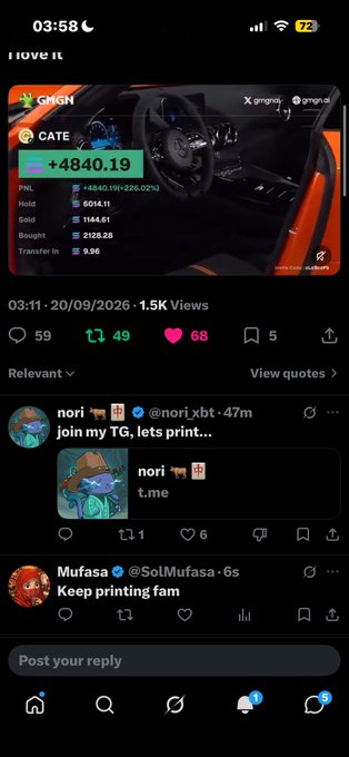 A mobile phone screenshot shows a social media post by 'gmgn.ai' about token 'CATE' with a value of '+4840.19', along with trading information like PNL, Hold, Sold, Bought, and Transfer In, and replies from users 'nori' and 'Mufasa'.