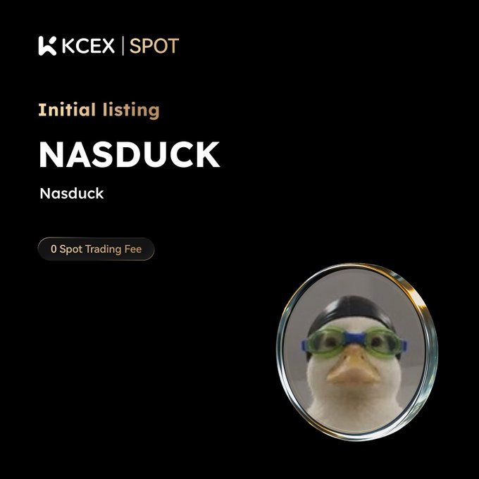 A KCEX SPOT announcement displays 'Initial listing NASDUCK' with '0 Spot Trading Fee' alongside an image of a duck wearing goggles.