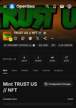 A screenshot of the OpenSea NFT marketplace showing a collection titled 'TRUST US // NFT' with a mint timer counting down 1 day, 1 hour, 56 minutes, and 14 seconds.