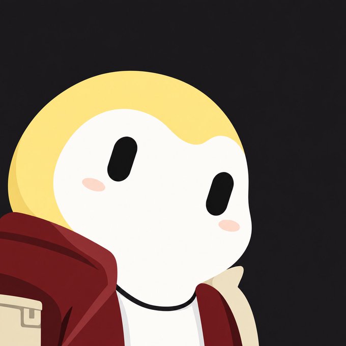 An illustration of a cartoonish character with a large white skull-like face, yellow helmet/hair, blushing cheeks, and a red hoodie or jacket against a dark background.