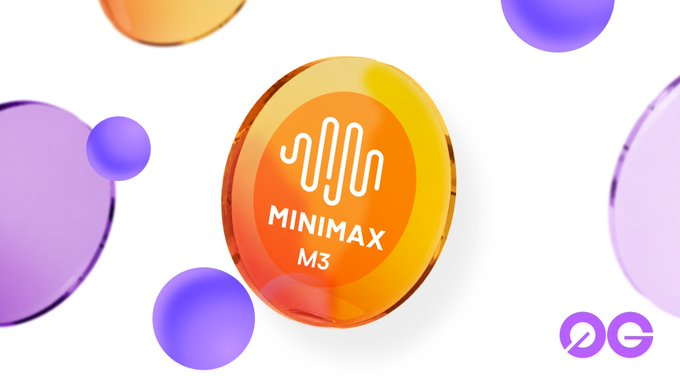The image features a 3D-rendered orange and yellow sphere displaying the "MiniMax M3" logo with a stylized "M" symbol, surrounded by floating translucent purple, orange, and white orbs against a white background, with a "0G" logo in the bottom right corner. It visually represents the post's message about how AI infrastructure—like 0G Labs—needs to be the foundational layer supporting massive AI agent ecosystems, rather than focusing solely on individual AI products.