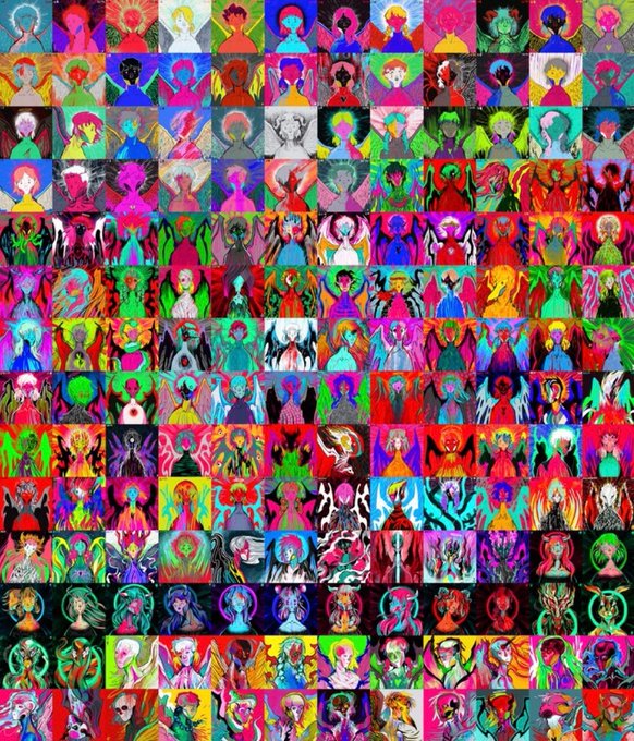 A densely packed grid collage containing hundreds of small, colorful illustrations featuring various stylized angelic, demonic, and fantasy female figures with diverse color schemes including neon pinks, blues, greens, and purples.