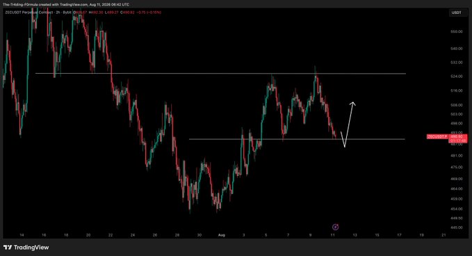 A TradingView chart displays ZEC/USD price action near $497.49, down -6.91%, with horizontal support/resistance lines drawn around the $485-$490 and $520-$530 zones, and an arrow indicating a potential bounce off support—matching the post's outlook for a possible bounce in ZEC/USD.