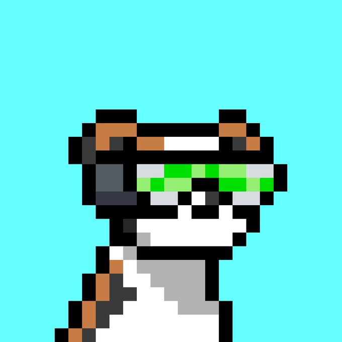 A pixel art doge with green visor and orange accents stands against a teal background, embodying the crypto-native DoginalDogs collection that transcends ownership to become part of one's persona.