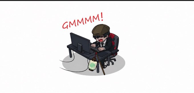 A cartoon illustration of a person with a cap and sunglasses sitting at a gaming desk with a laptop, microphone, and a glowing mug, with the text 'GMMMM!' floating above them.