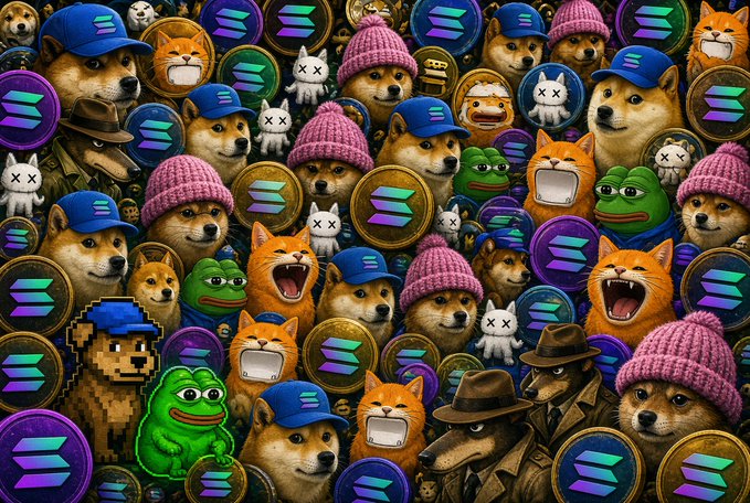 A vibrant collage of Solana memecoins featuring classic characters like Doge, Pepe the Frog, Shiba Inu, and pixelated Doges wearing pink beanies and blue caps, intermingled with Solana logos. The image visually captures the chaotic "trenches" of the memecoin market referenced in the post, symbolizing the speculative frenzy where retail traders are either lottery winners or exit liquidity for early buyers.