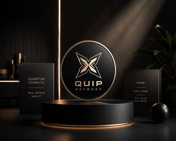 A dark, premium product showcase displays the QUIP Network logo on a circular black display stand, flanked by cards reading 'QUANTUM COMPUTE - REAL WORLD IMPACT' and 'POUW - USEFUL WORK - REAL VALUE, REAL IMPACT'.