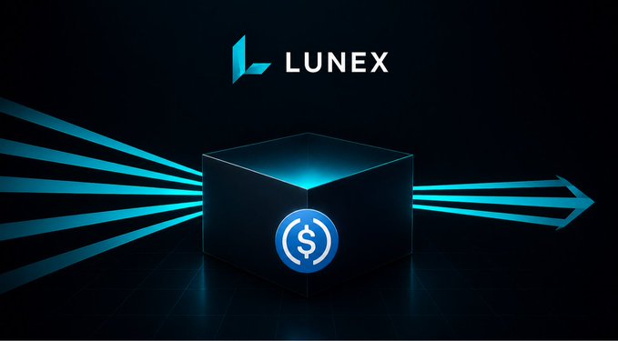 A promotional image for LUNEX featuring a glowing cube with a dollar sign, with teal arrows piercing through it on a dark background.