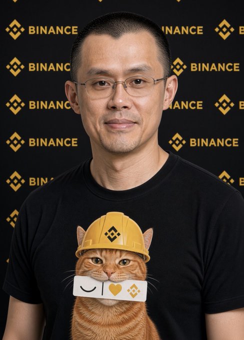 A man wearing glasses and a black T-shirt featuring an orange cat in a yellow Binance hard hat stands in front of a backdrop covered in the "BINANCE" logo. The caption ties into a post about CZ (Changpeng Zhao, founder of Binance) and a potential BNB meme season, referencing his iconic association with the Binance brand.