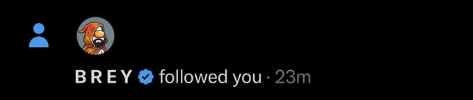 A Twitter notification showing 'BREY followed you • 23m' with a verified checkmark, displayed next to a blue default profile icon and a cartoon orange dog avatar.