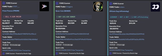 Three FOMO Scanner crypto trading alerts showing PRISM token SELL recommendation at $6,046.97 ($753.25K market cap), BONER token BUY at $6,041.56, and an OFFCHAIN DOG alert marked NOT A BUY with 1.96% decline at $215.45.