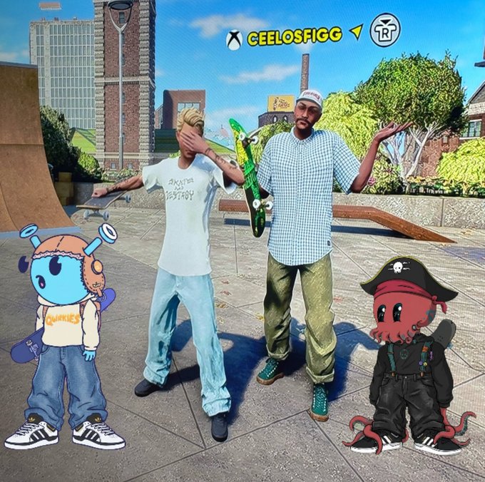 A video game scene in a skatepark with two characters, flanked by two cartoon mascots (a blue alien and a red octopus pirate), with text reading 'CEELOSFIGG' at the top.
