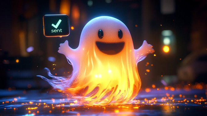 A 3D-rendered translucent ghost with a smiling face glows with fire, accompanied by a 'sent' checkbox notification bubble.