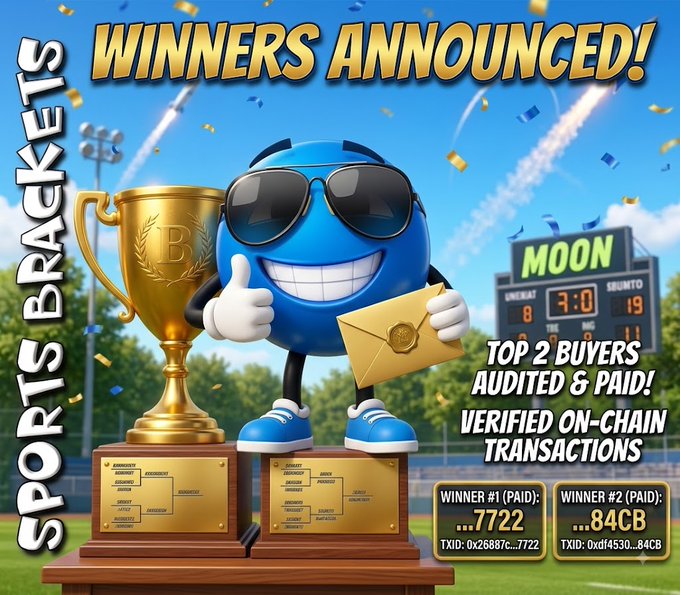 A promotional graphic reading 'WINNERS ANNOUNCED!' and 'SPORTS BRACKETS' featuring a blue smiley mascot character with sunglasses holding a trophy and envelope, announcing 'TOP 2 BUYERS AUDITED & PAID! VERIFIED ON-CHAIN TRANSACTIONS' with Winner #1 (...7722) and Winner #2 (...84CB).
