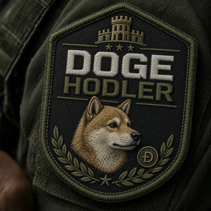 An embroidered patch on a dark green garment features a Shiba Inu dog, a small Dogecoin coin icon, and bold text reading "DOGE HODLER," directly illustrating the post's question about whether one has earned the $DOGE hodler badge.