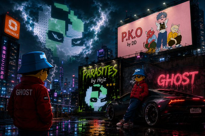 A vibrant cyberpunk-style illustration featuring characters wearing blue hats in a neon-lit cityscape with billboards displaying 'UNVAULT', 'P.K.O by DD', 'PARASITES by Hejz', and 'GHOST'.