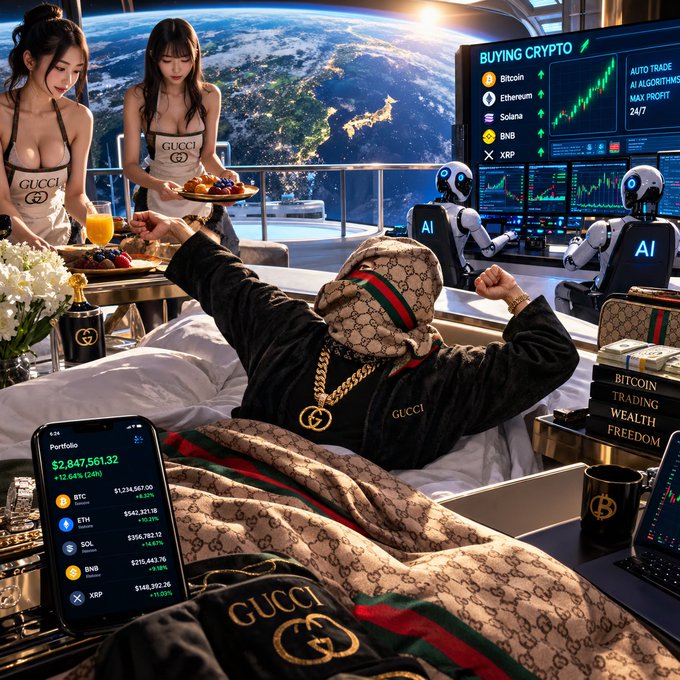 An AI-generated image depicting a luxurious scene in space, featuring a person in Gucci attire and gold chain relaxing in bed while AI robots trade crypto (Bitcoin, Ethereum, Solana, BNB, XRP) on screens displaying '$2,847,561.32' portfolio value, with women in Gucci aprons serving food.