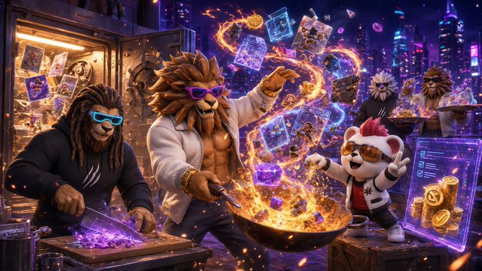 A crew of stylized, anthropomorphic lions in sunglasses grill, weld, and stir a wok filled with glowing NFT cards and coins in a neon-lit workshop. The "cooking" scene visually echoes the post's "Keep cooking" message, symbolizing the team building the Loaded Lions pack during its Open License and Grants phase.