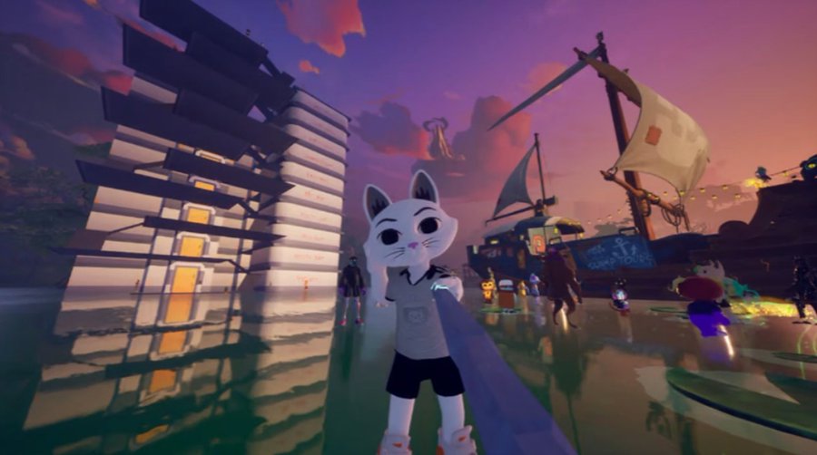 A virtual world scene featuring a white cat-like avatar in the foreground, with a sailboat, pier, and other avatars in the background under a purple-pink sunset sky.