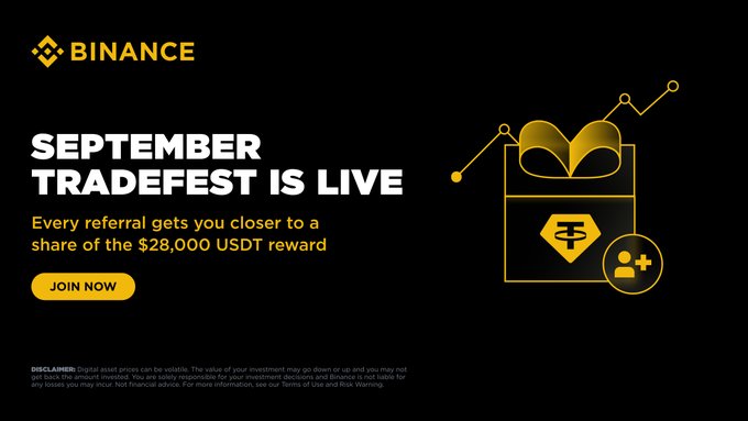 A Binance promotional banner reads 'SEPTEMBER TRADEFEST IS LIVE' and offers '$28,000 USDT reward' for referrals, with a 'JOIN NOW' button.