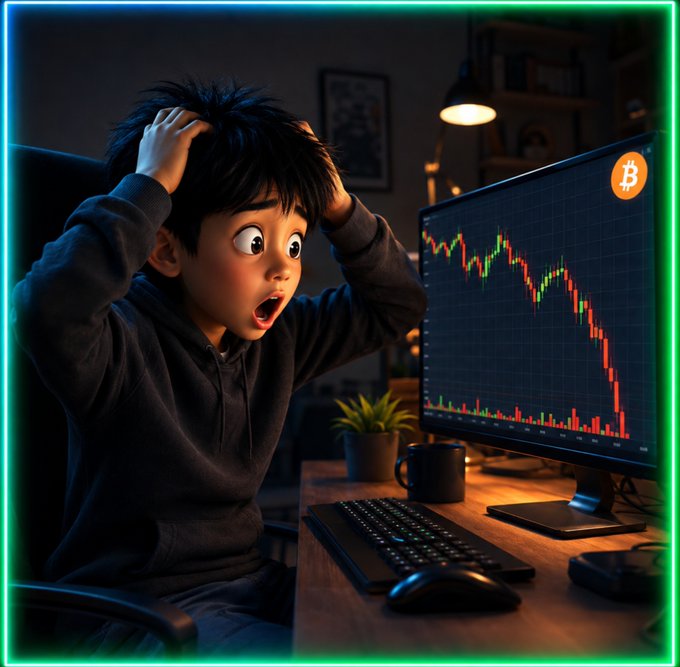 A shocked crypto trader clutches his hair in disbelief while staring at a computer screen displaying a steeply declining Bitcoin (₿) price chart, perfectly capturing the post's humor about how "just watching the charts" quickly turns into emotional turmoil as BTC plummets and his peace of mind disappears. The dimly lit trading setup with keyboard, mouse, and glowing chart emphasizes the late-night anxiety that comes with crypto market volatility.