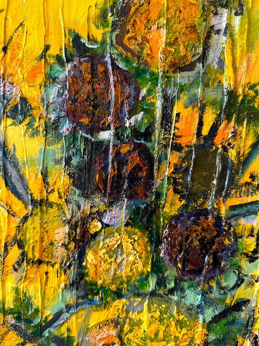 An abstract oil painting featuring thick, textured brushstrokes in vibrant yellow, green, and orange tones, with dark spherical forms emerging from the composition.