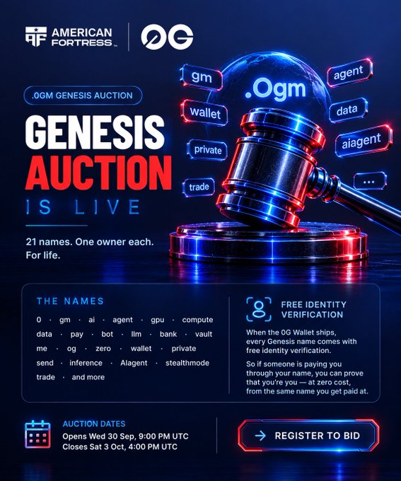 A promotional graphic for the .0GM Genesis Auction by American Fortress announces that 21 unique names (.gm, .agent, .wallet, .ai, etc.) are available, with auction dates running from September 30 to October 3 and a call to register to bid.