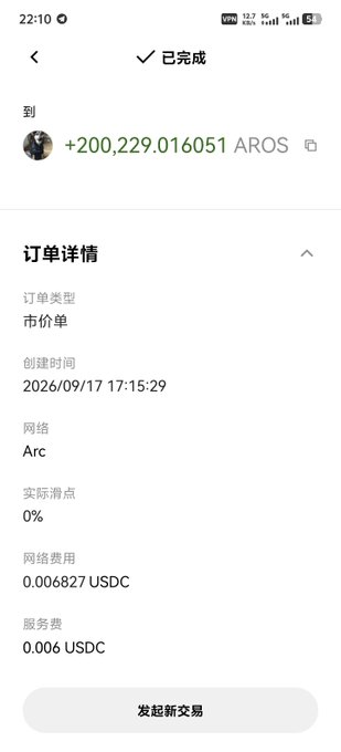 A mobile trading app order confirmation screen showing a completed order (已完成) to receive +200,229.016051 AROS, with order details including a market order (市价单), Arc network, 0% slippage, and network/service fees in USDC.