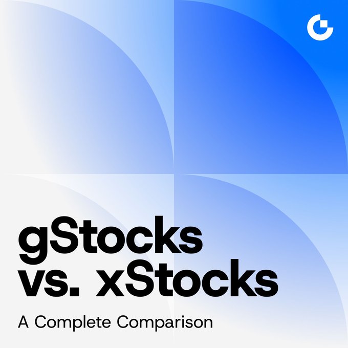 The image is a promotional graphic for a Gate.com blog comparison titled "gStocks vs. xStocks: A Complete Comparison," featuring the Gate.io logo and a blue gradient background. It visually introduces the post's focus on distinguishing these two tokenized stock offerings, highlighting differences in issuer, structure, dividends, and ecosystem integration.