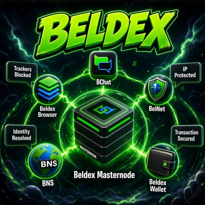 An infographic for BELDEX showcasing its ecosystem including Beldex Browser, BChat, BelNet, BNS, and Beldex Wallet, with labels like 'Trackers Blocked', 'IP Protected', 'Identity Resolved', and 'Transaction Secured' surrounding a central masternode.